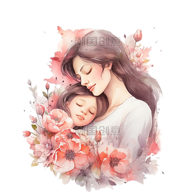 创意母子鲜花水彩元素母亲节母婴亲子关系温馨免抠图案