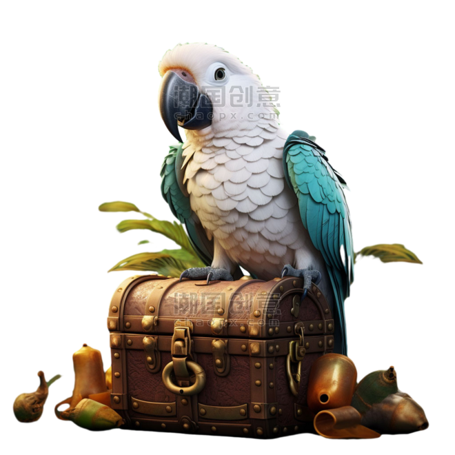 海盗宝藏热带动物鸟类鹦鹉宝箱元素免抠图案