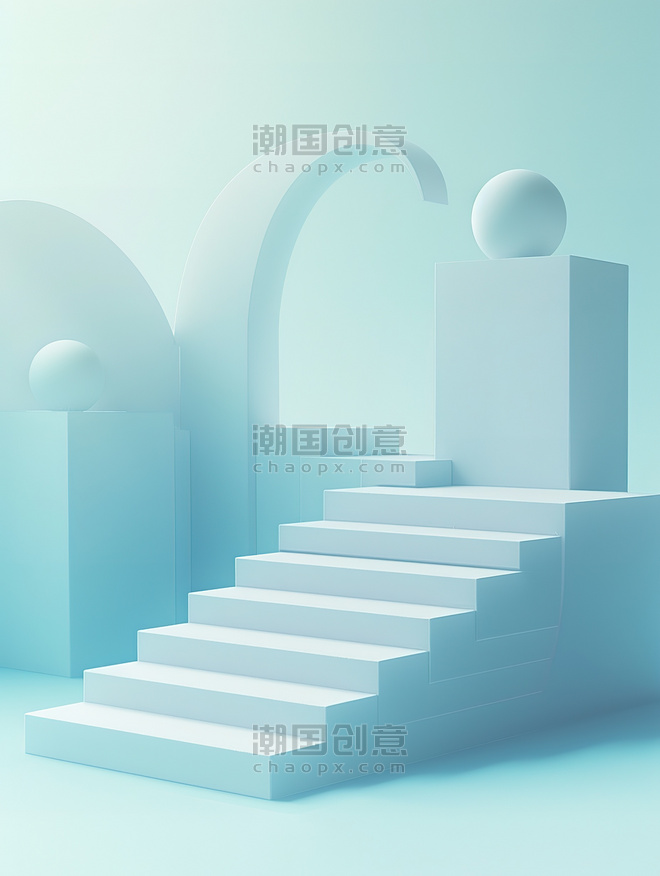 简约立体几何展台创意楼梯台阶浅蓝色背景