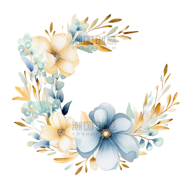 创意花环水彩浪漫文艺蓝色头像框花朵元素免抠图案