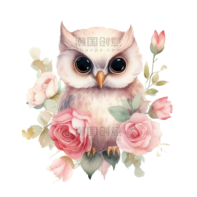 创意猫头鹰水彩粉色浪漫玫瑰鲜花元素免抠图案