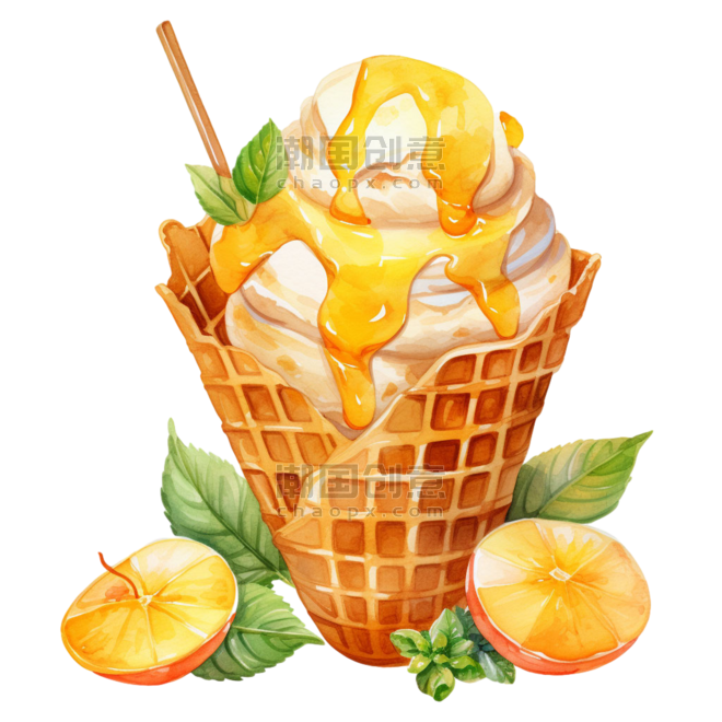 黄色水彩夏天夏季冰激凌黄桃冰淇淋元素免抠图案