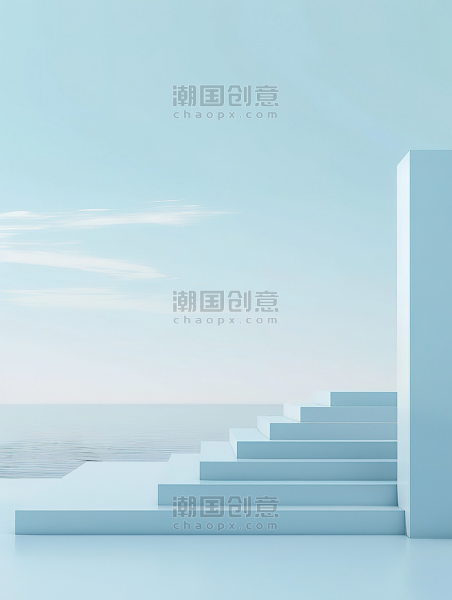 创意立体楼梯平台浅蓝色简约电商立体展台背景