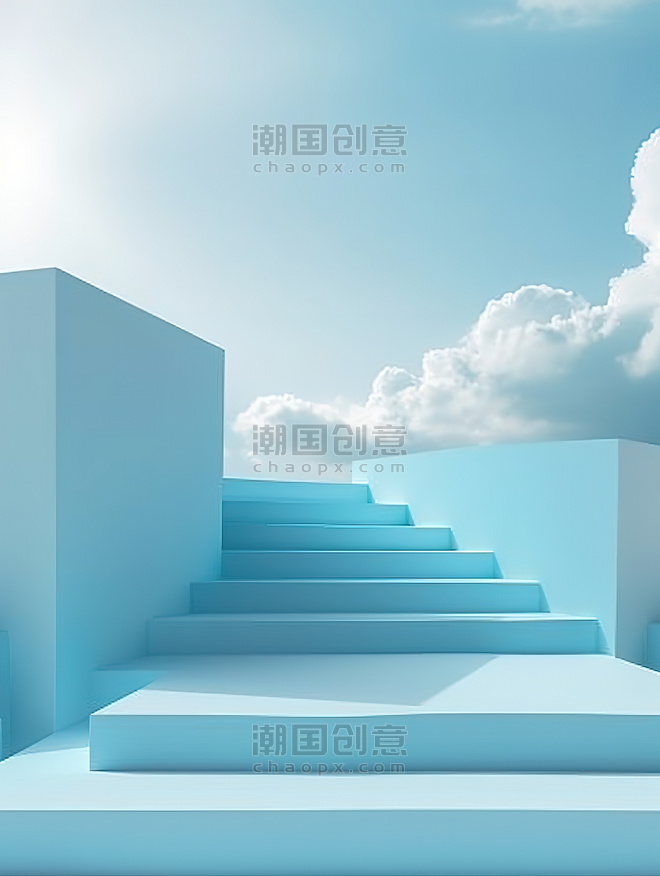 蓝色简约电商展台立体楼梯平台浅蓝色设计