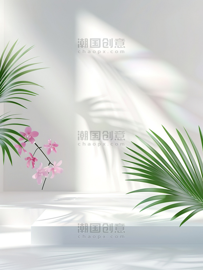 房间鲜花和棕榈叶的影子白色清新光影夏天展台背景素材