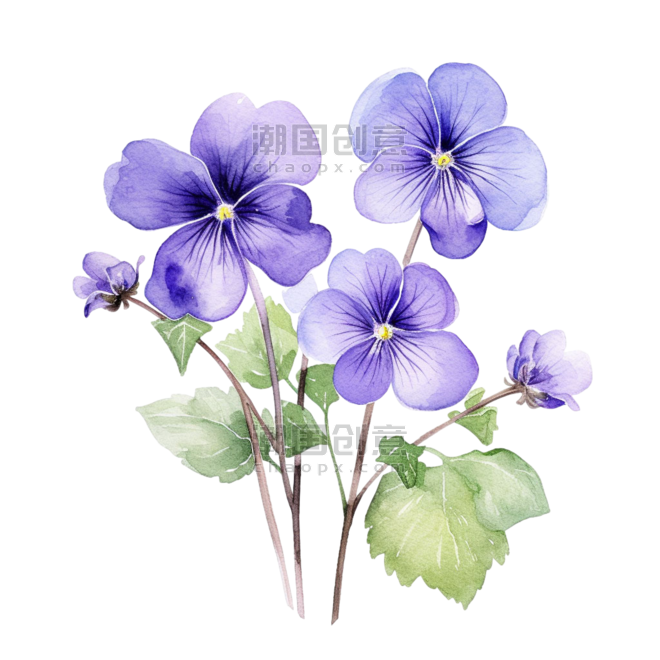 创意紫罗兰鲜花元素水彩紫色花朵植物免抠图案