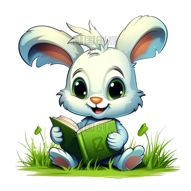 创意卡通动物童话兔子阅读元素学习看书教育培训拟人阅读免抠图案