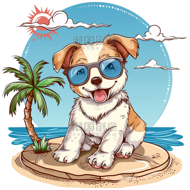 卡通夏天旅游动物宠物小狗墨镜元素免抠图案