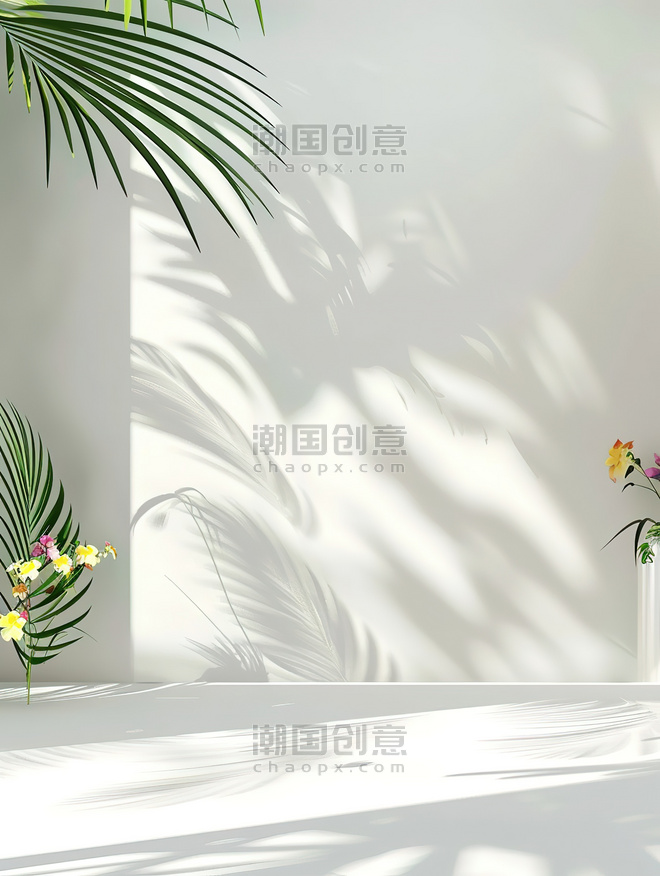 白色清新光影夏天展台房间鲜花和棕榈叶的影子背景素材