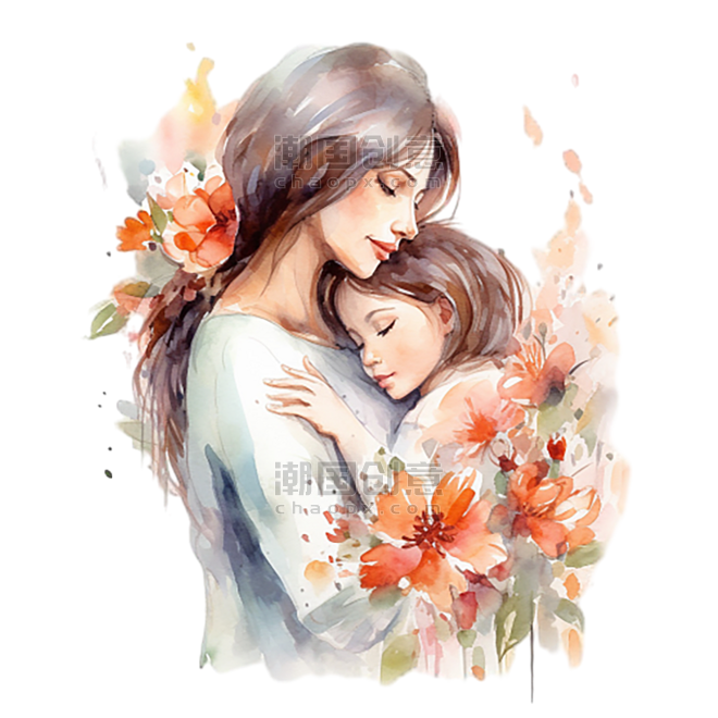 创意水彩母亲节母婴亲子关系温馨母子鲜花元素免抠图案
