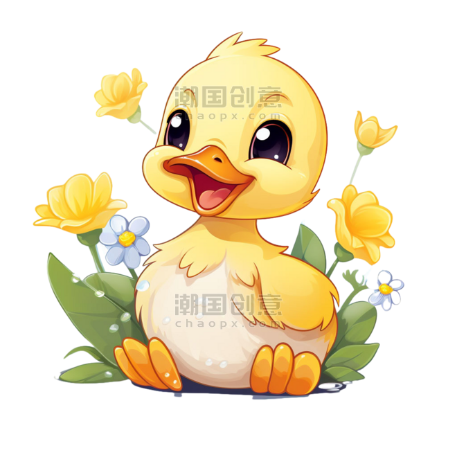 小黄鸭花朵元素卡通动物童话拟人免抠图案
