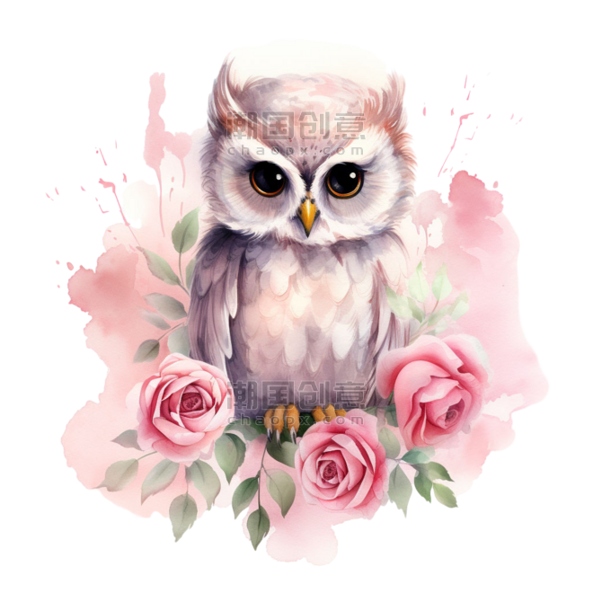 水彩粉色浪漫玫瑰猫头鹰鲜花元素免抠图案