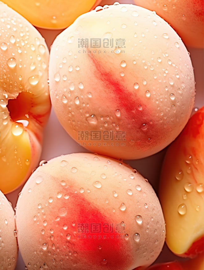 创意新鲜的桃子水果平铺水蜜桃生鲜水滴水珠照片