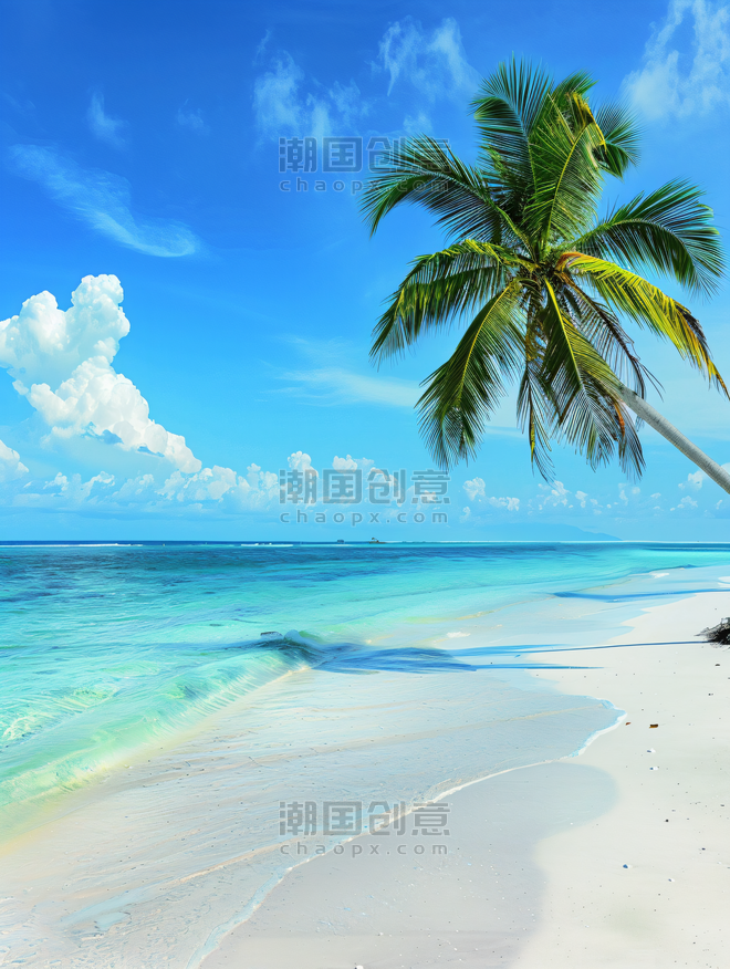 创意夏天沙滩与棕榈树蔚蓝海洋夏天夏季海滩大海旅游旅行风景