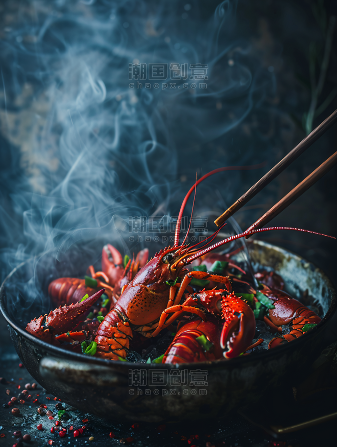 创意夏天美食夜晚麻辣小龙虾室内筷子夹取吃小龙虾摄影图