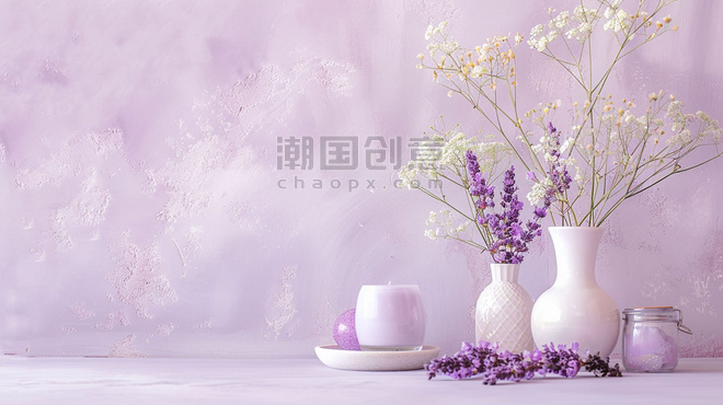 紫色简约文艺浪漫墙面背景花束砖石立体描绘摄影照片