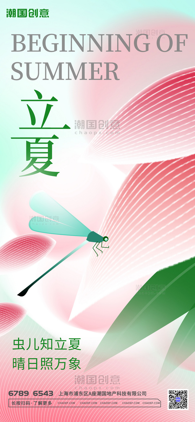 立夏蜻蜓粉色绿色弥散海报