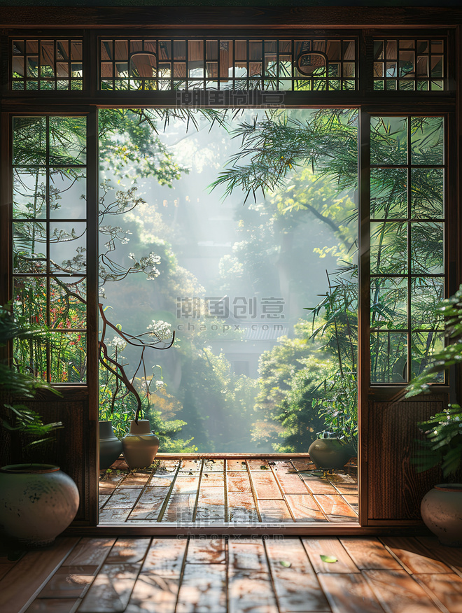 创意中式庭院木雕门框清新春天植物装修高清摄影图