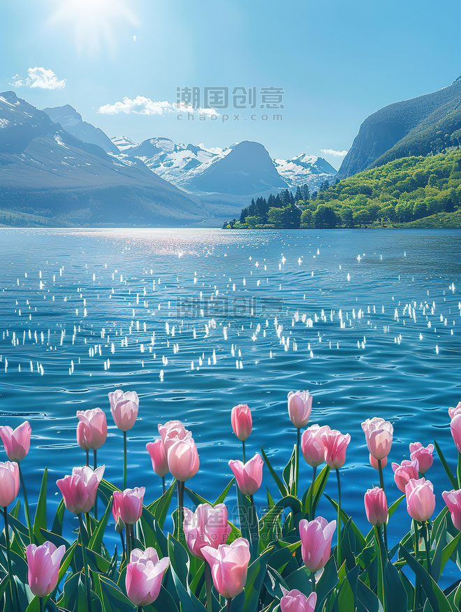 创意青山环绕的湖泊郁金香花开春天春季风景摄影照片
