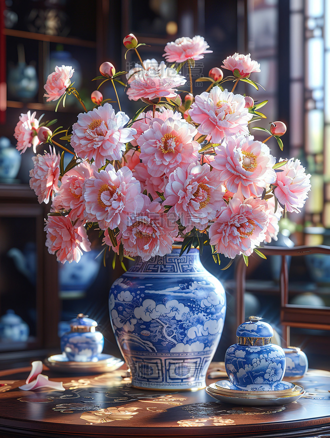 优雅中国风青花瓷花瓶粉红色牡丹高清图片