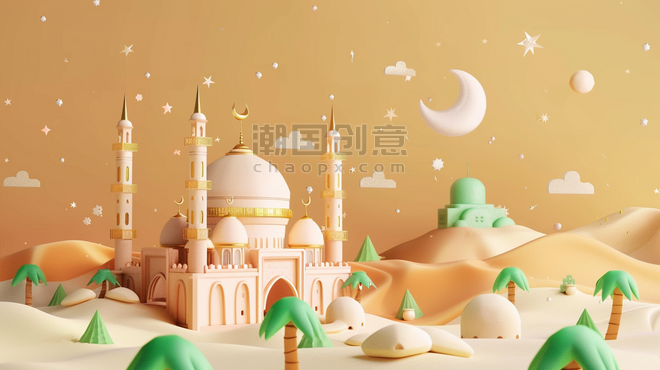 创意城堡模型儿童节童话宫殿卡通沙漠背景