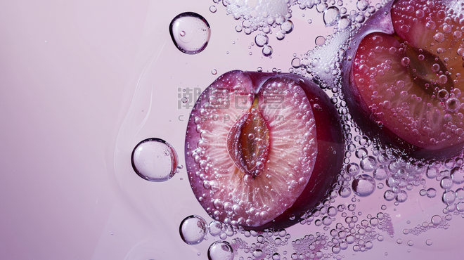 创意水果气泡紫色生鲜摄影黑布林李子素材背景