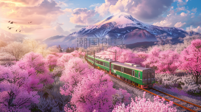 春天春季日本旅游樱花高铁火车列车花海远山富士山