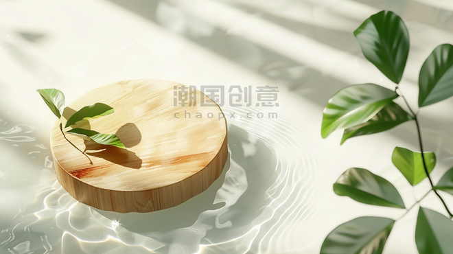 创意木盖绿叶漂浮夏天夏季清新简约光影水面木桌展台背景