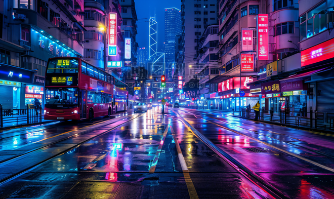 创意香港街头夜景赛博朋克城市都市街道