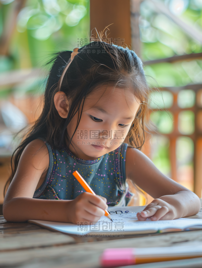 创意亚洲人小女孩写作业教育培训学习儿童人物