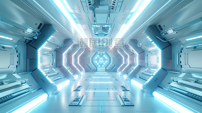 创意科技蓝色空间站通道未来电子设备内部的抽象背景