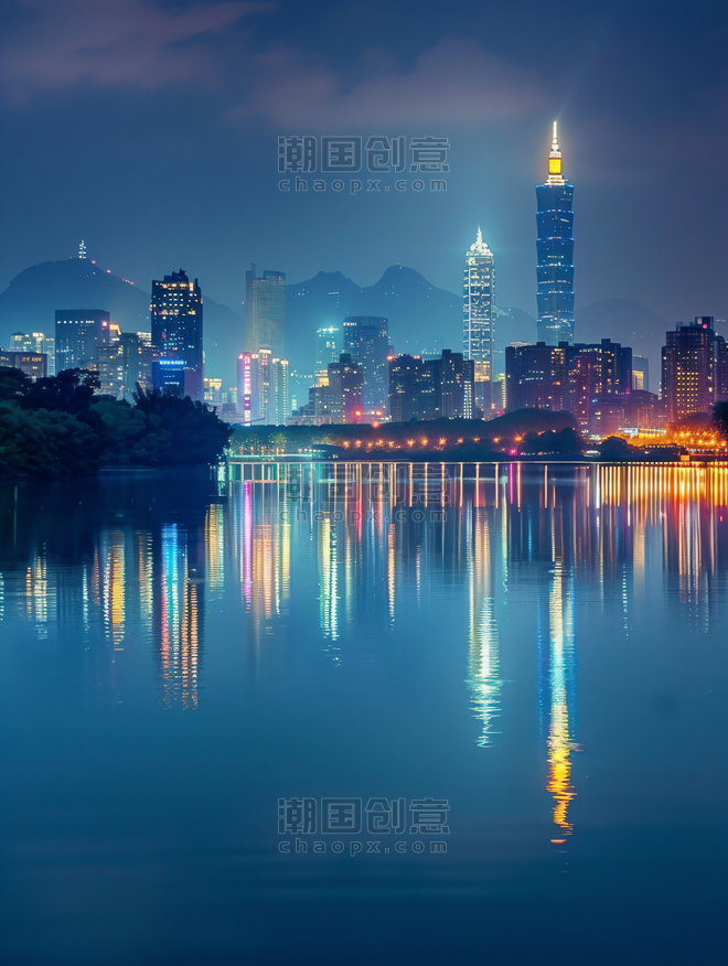 创意南京玄武湖天际线夜景城市都市摩天大楼办公楼