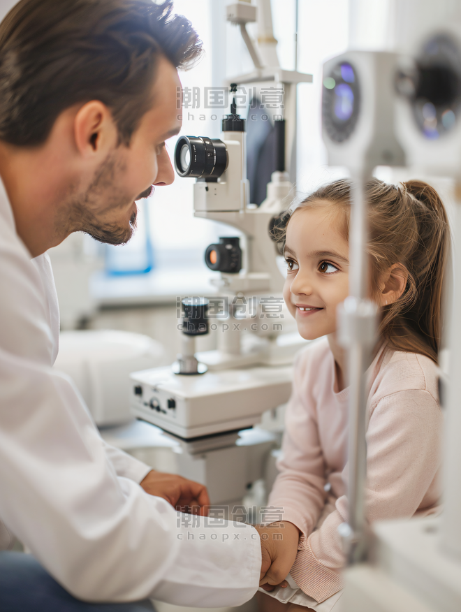创意医疗健康眼科在验光机构里检查视力验光的小女孩和验光师