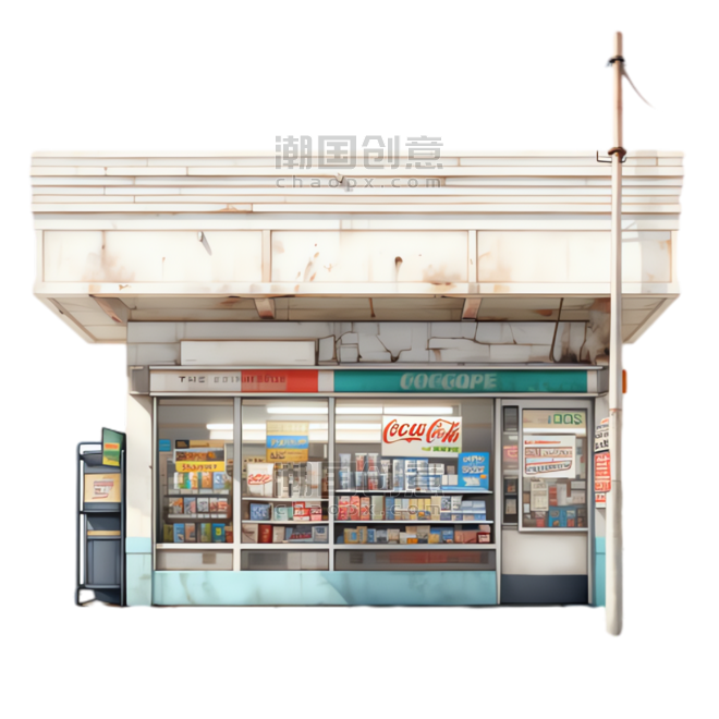 创意超市商场元素插画水彩便利店建筑