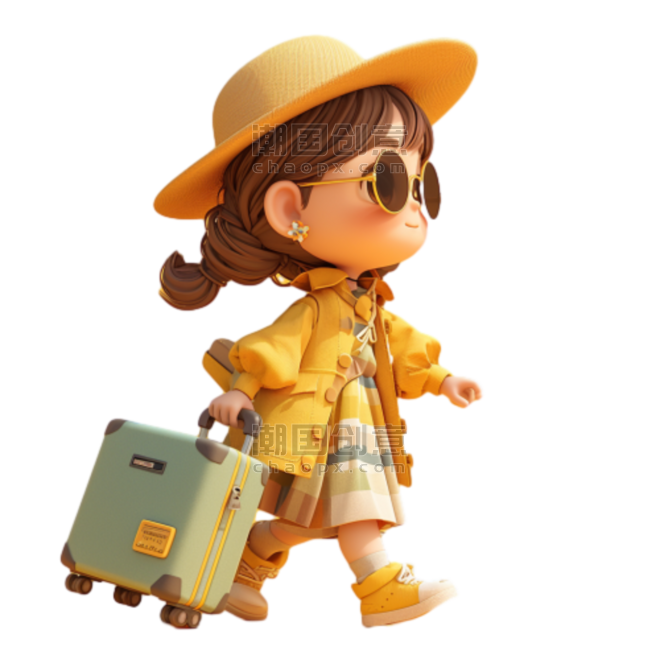 春天拖着行李箱旅游的女孩3D形象免抠元素