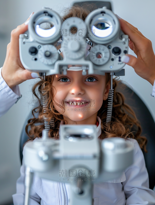 医疗健康眼科在验光机构里检查视力验光的小女孩和验光师