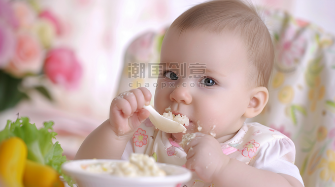 创意正在吃饭的婴儿幼儿母婴人像