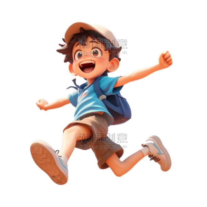 创意开学季跳跃活力男孩3D人物免抠素材