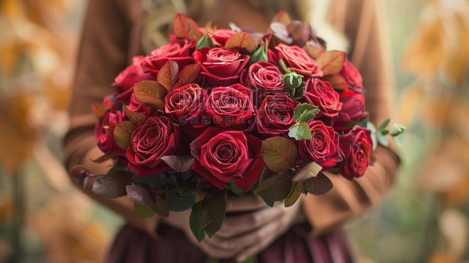 浪漫唯美文艺女士手拿一束红玫瑰