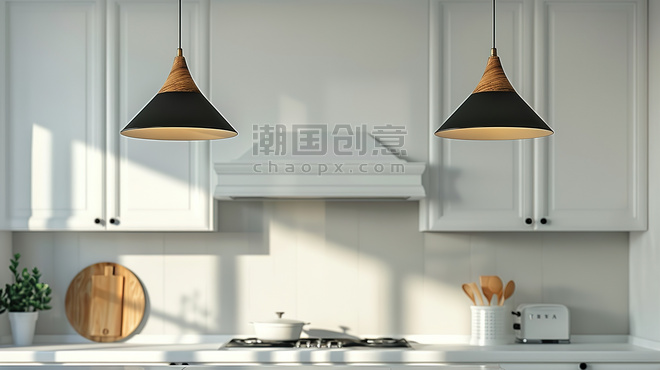 创意现代厨房的简约黑色吊灯高清摄影图