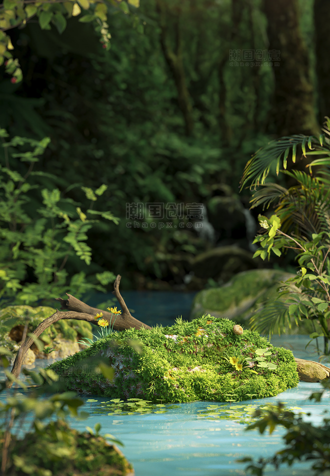 夏季大自然花草植物绿色3D立体背景仿摄影展台