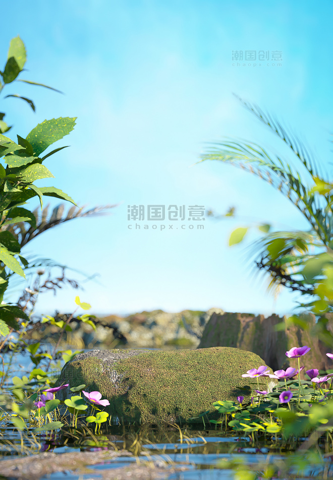 夏天夏季自然植物绿色3D立体背景仿摄影展台