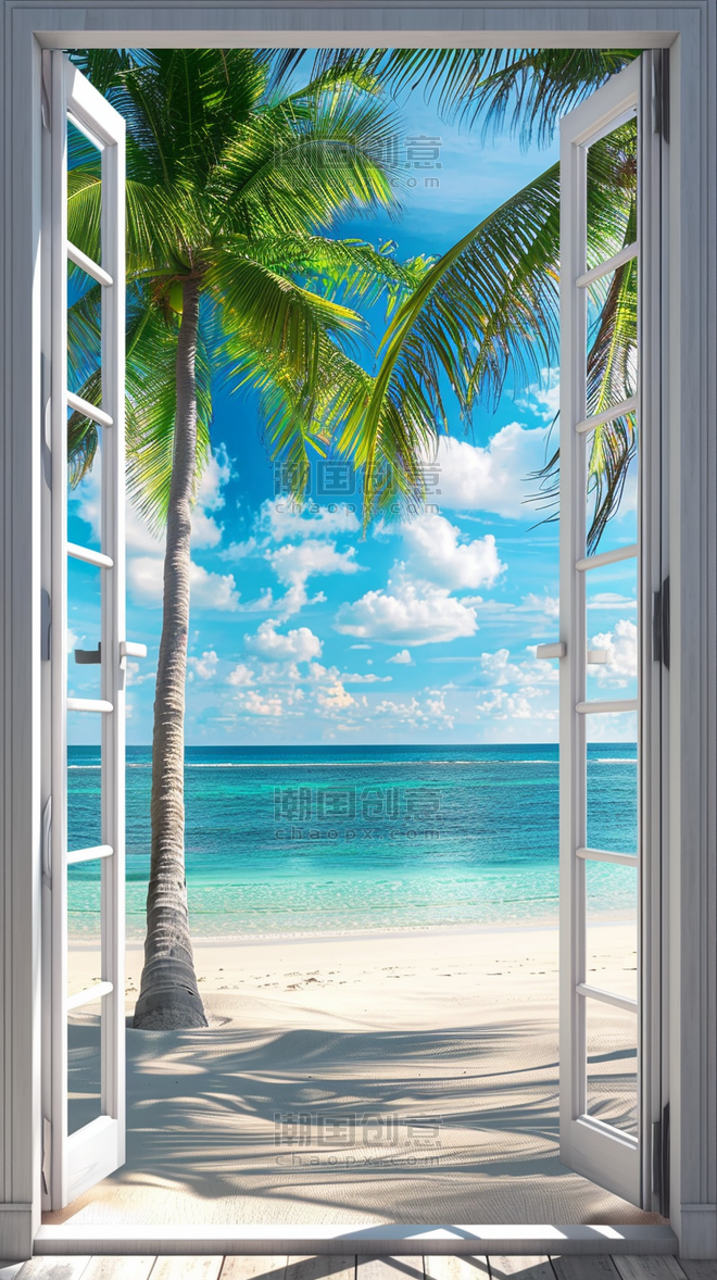 创意夏天风景海边大窗海景海边大海场景背景
