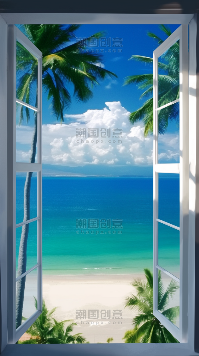 创意夏天大海风景海边大窗海景海边场景设计