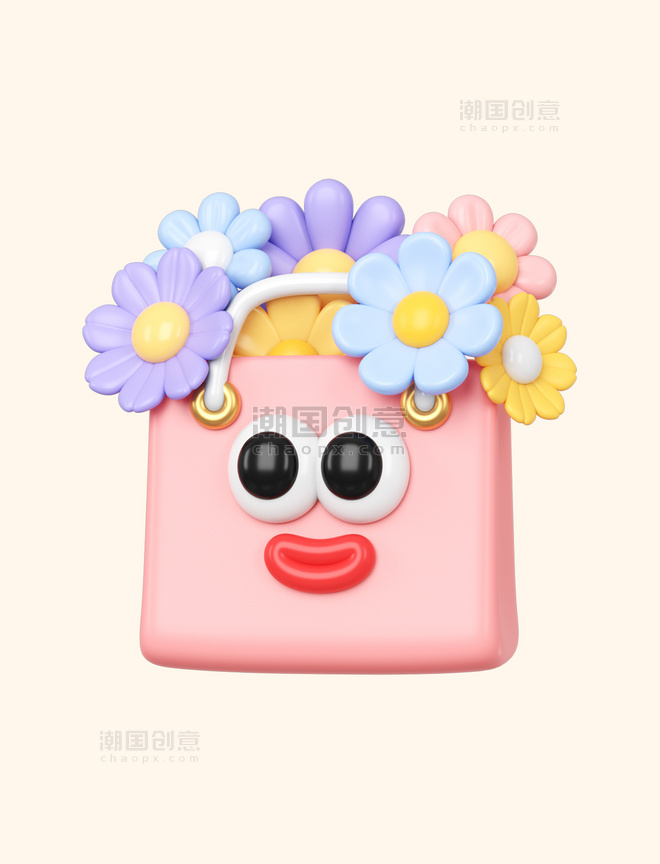 C4D情绪化拟人立体拟人花朵购物袋手提袋免抠图片