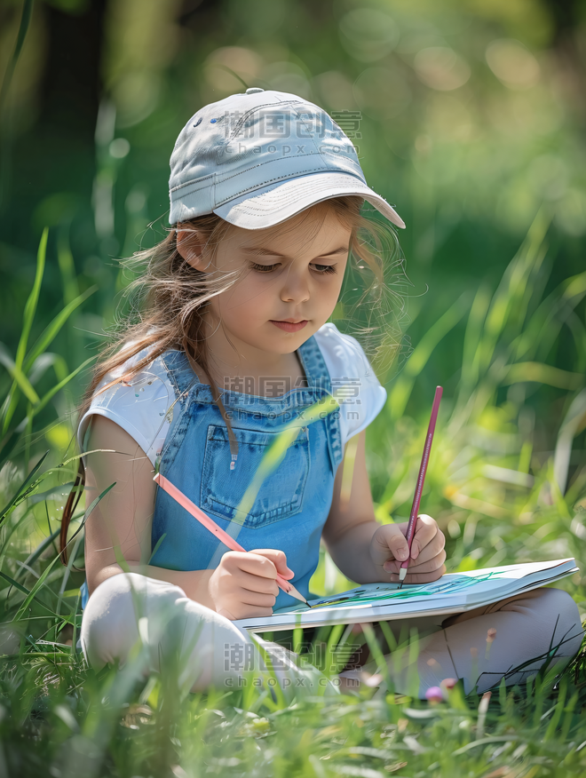 创意儿童美术白天可爱小女孩户外草坪写生画画摄影图 人物