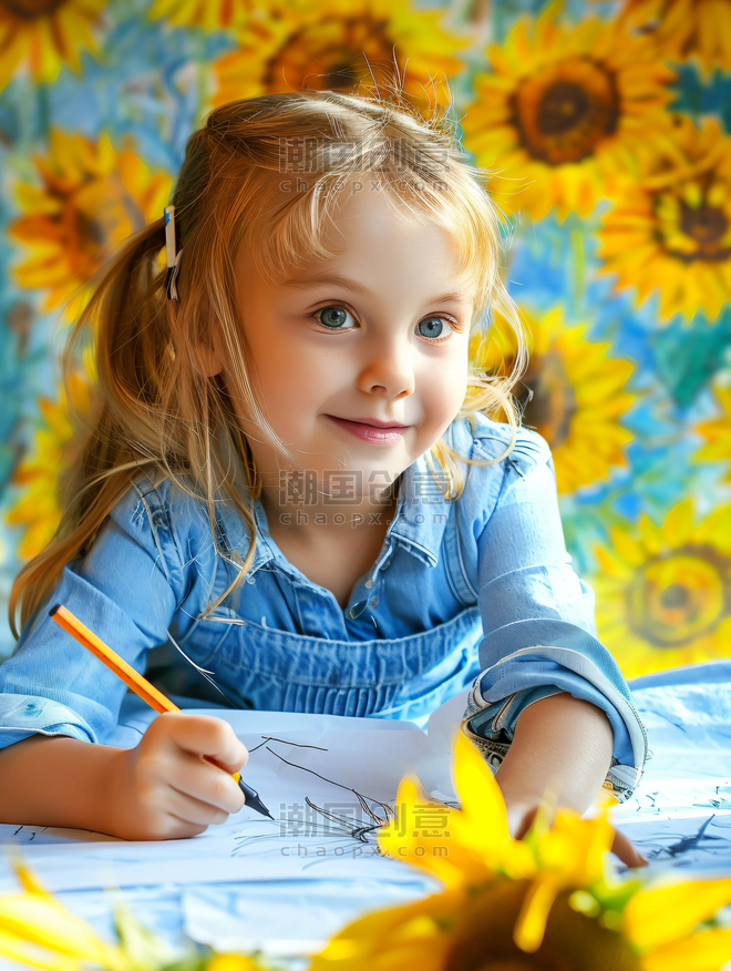 创意教育培训向日葵里画画的孩子