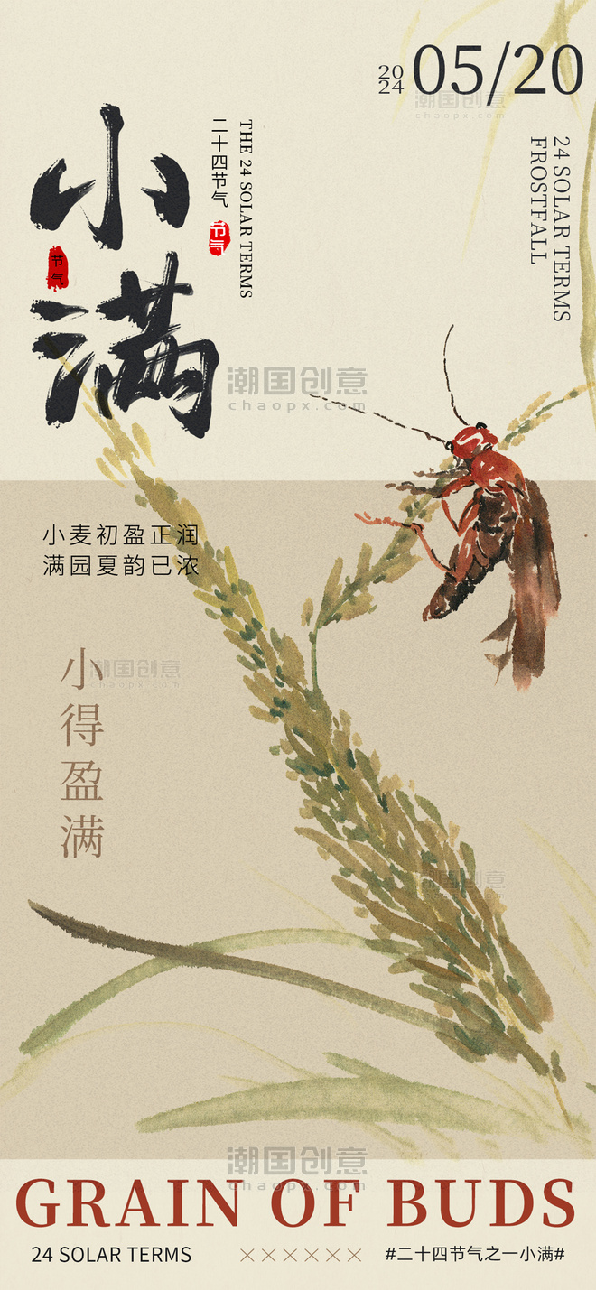 浅咖色新中式小满节气麦穗昆虫海报