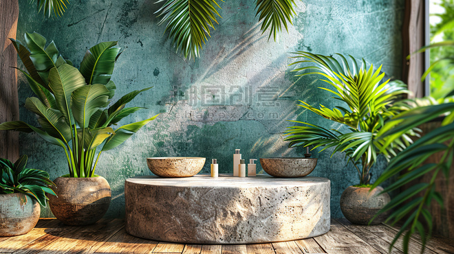 创意化妆品广告热带树叶设计自然原始植物原木风石头厨卫展台