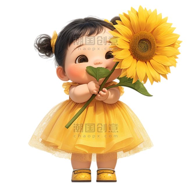 创意3D六一儿童节拿着向日葵的可爱小女孩元素